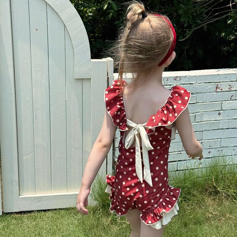 女宝泳衣儿童连体夏季新款荷叶边速干波点露背甜美中小童海边泳装