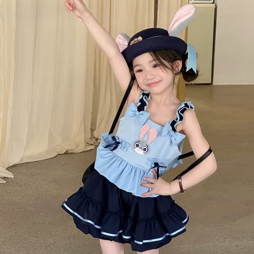 女小童分体泳衣夏日出游必备儿童套装泳服超萌兔子警官吊带游泳衣