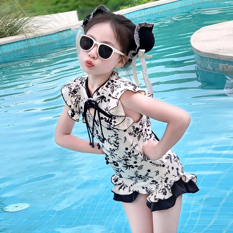 儿童泳衣女童连体短袖速干游泳衣女孩宝宝温泉度假专用新中式泳装图片