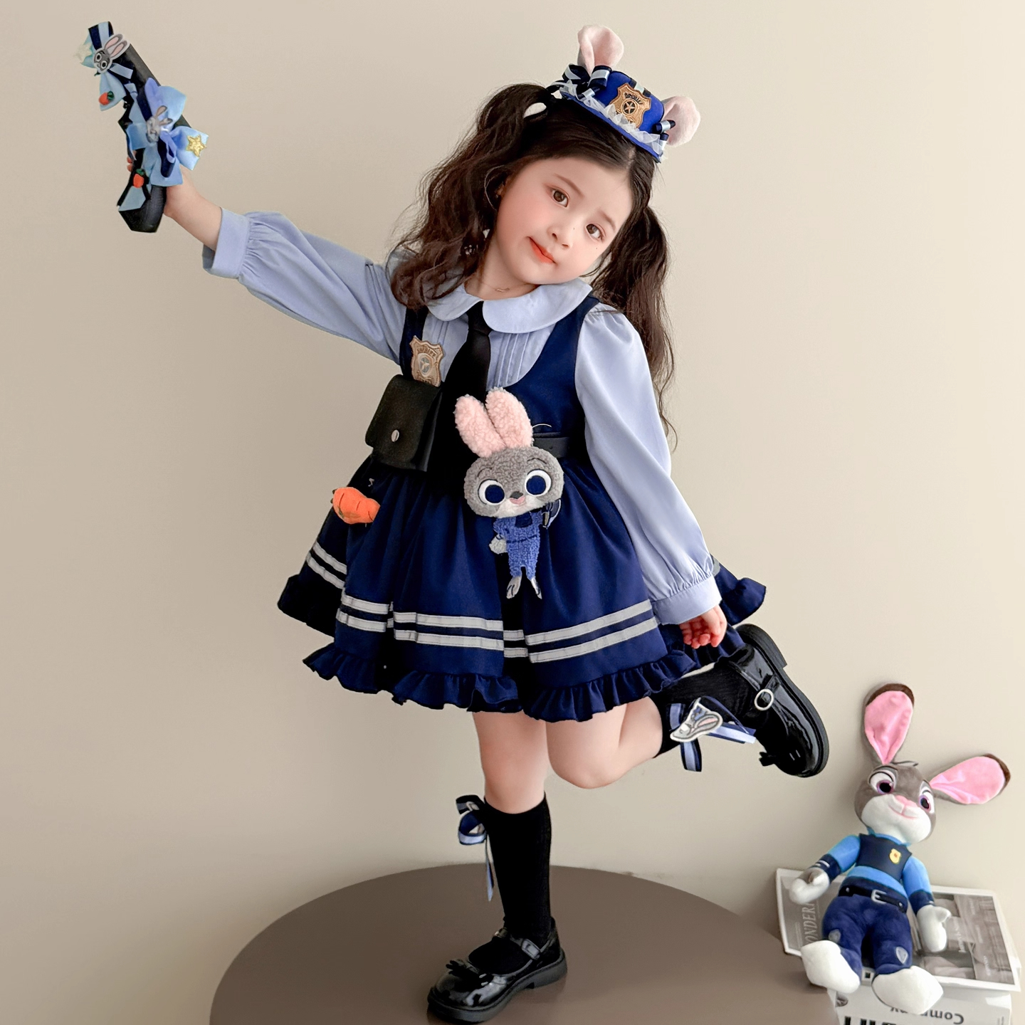 女童朱迪兔子警官儿童衣服长袖假两件裙子秋装洛丽塔公主裙蓬蓬裙