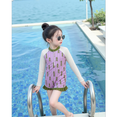 夏季新款女童连体长袖泳装宝宝防晒温泉海边度假专用速干儿童泳衣