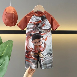 冲浪服 新款 儿童泳衣男童连体平角游泳衣哪吒童话速干泳装 宝宝夏季