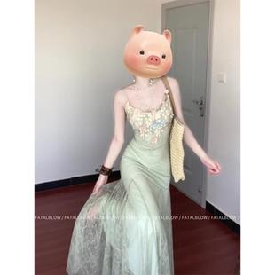 法式 包臀裙长裙子 绿色蕾丝吊带连衣裙女夏季 海边度假绝美气质修身