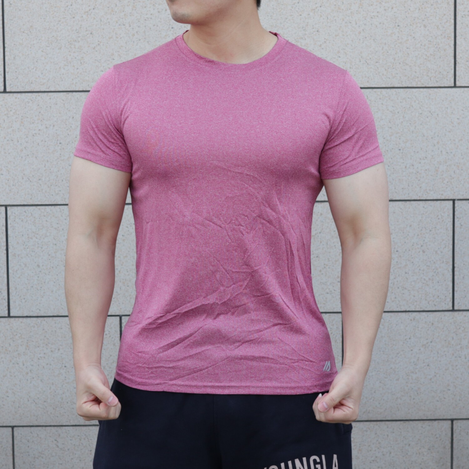 男士速干短袖T恤健身训练跑步运动上衣圆领弹力红色花灰速干透气