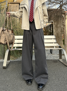 YORKZOOM春季新款复古条纹A褶垂感宽松西裤休闲裤长裤韩版百搭