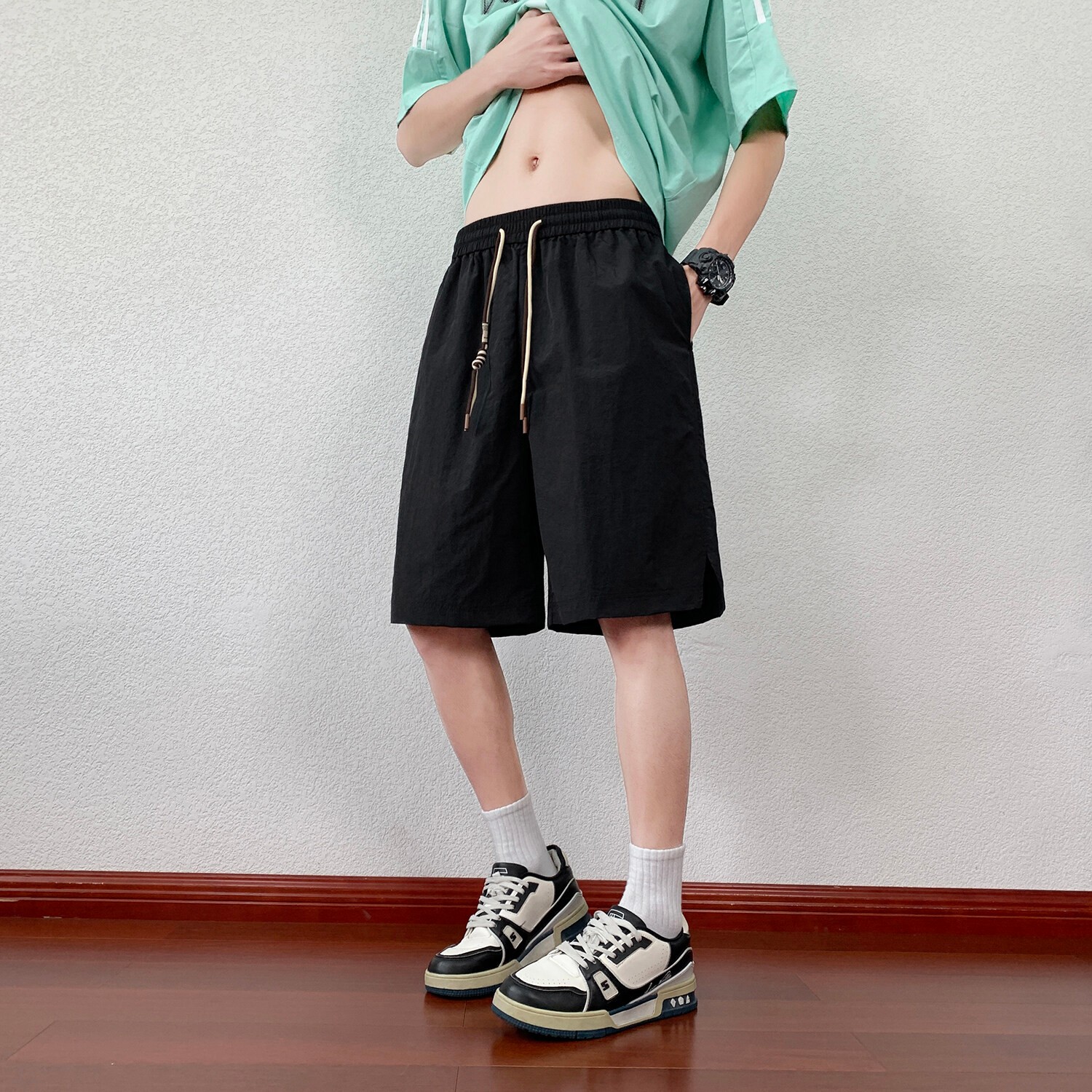 YorkZoom薄款夏季短裤美式高街抽绳运动开叉五分裤直筒百搭透气