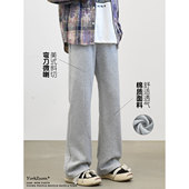 YORKZOOM秋冬加绒美式 重磅 运动长裤 弯刀微喇灰色卫裤 男直筒休闲裤