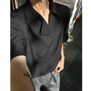 YORKZOOM春夏设计感黑色古巴领短袖衬衫男高级感痞帅冰丝速干翻领