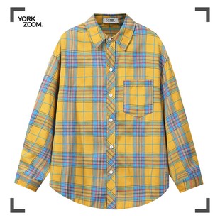 Zoom秋季 休闲宽松潮流长袖 新品 美式 百搭格纹翻领 黄格子衬衫 York