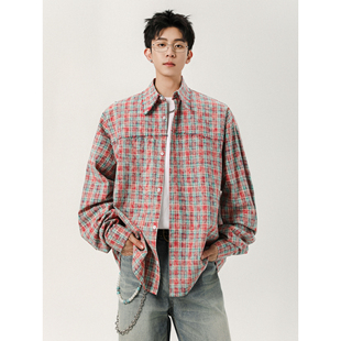 Zoom秋季 衬衫 新款 扎染流苏格子长袖 衬衣欧若风复古宽松 美式 York