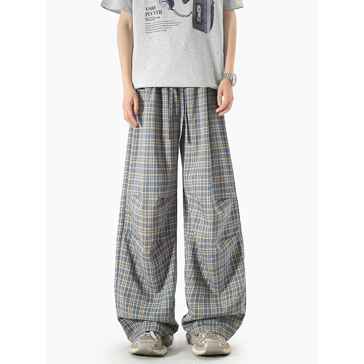 YorkZoom夏季新款轻薄透气弯刀裤格子伞兵裤休闲裤长裤复古宽松