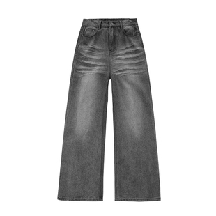 百搭直筒垂感浅蓝色 洗拖地长裤 YORKZOOM美式 复古风高腰阔腿牛仔裤