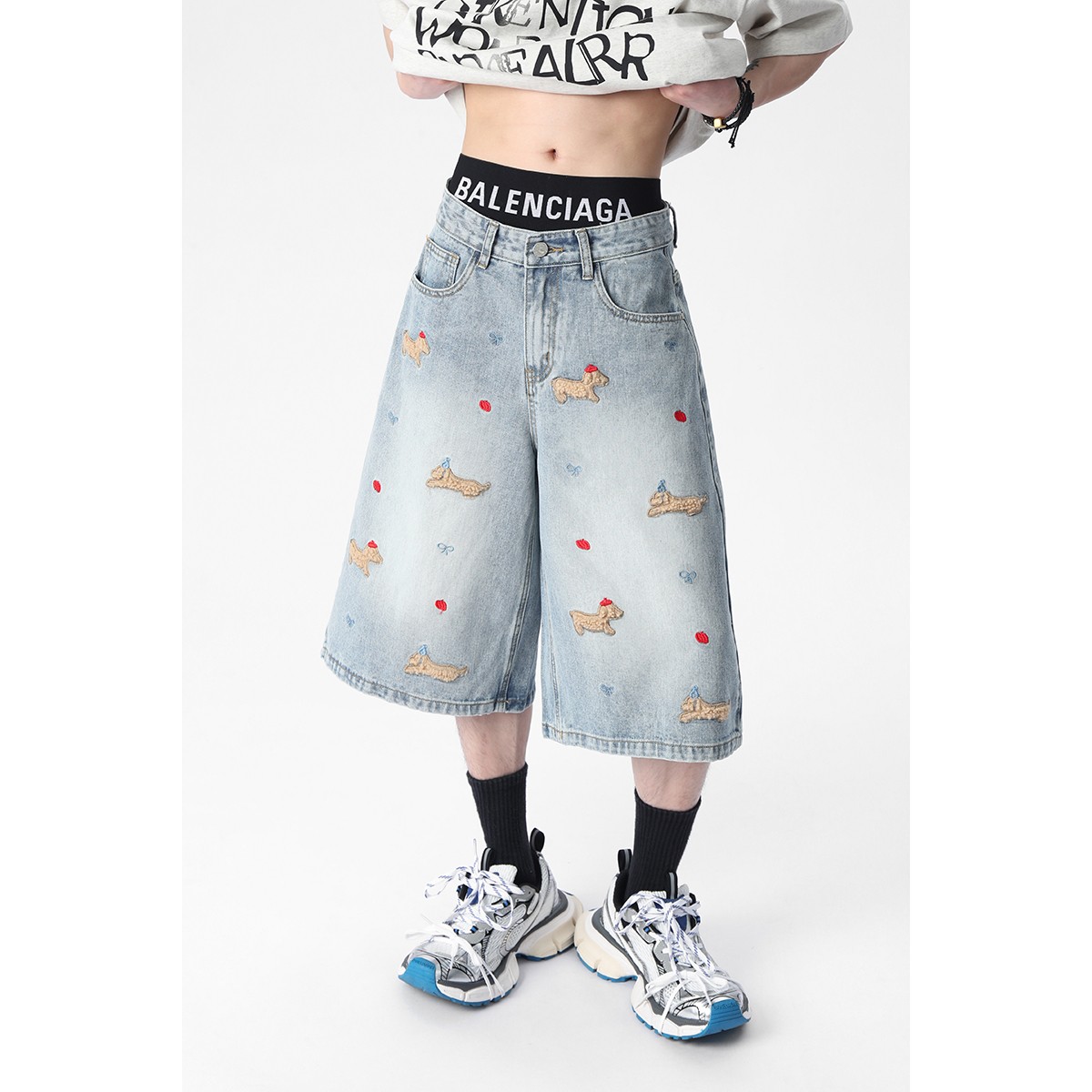 York Zoom夏季复古水洗做旧美式刺绣小狗元素短裤牛仔裤宽松百搭