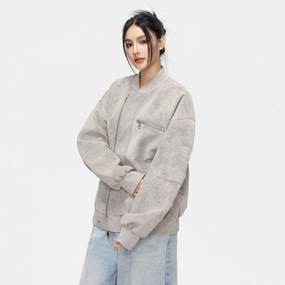 美式复古宽松立领机车夹克