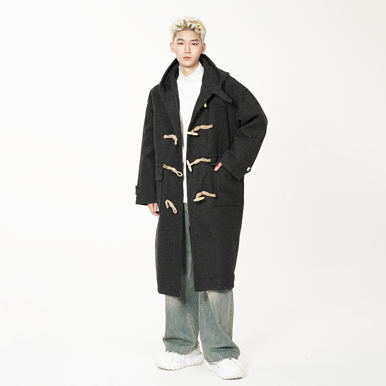 冬季学院风连帽加厚毛呢大衣男