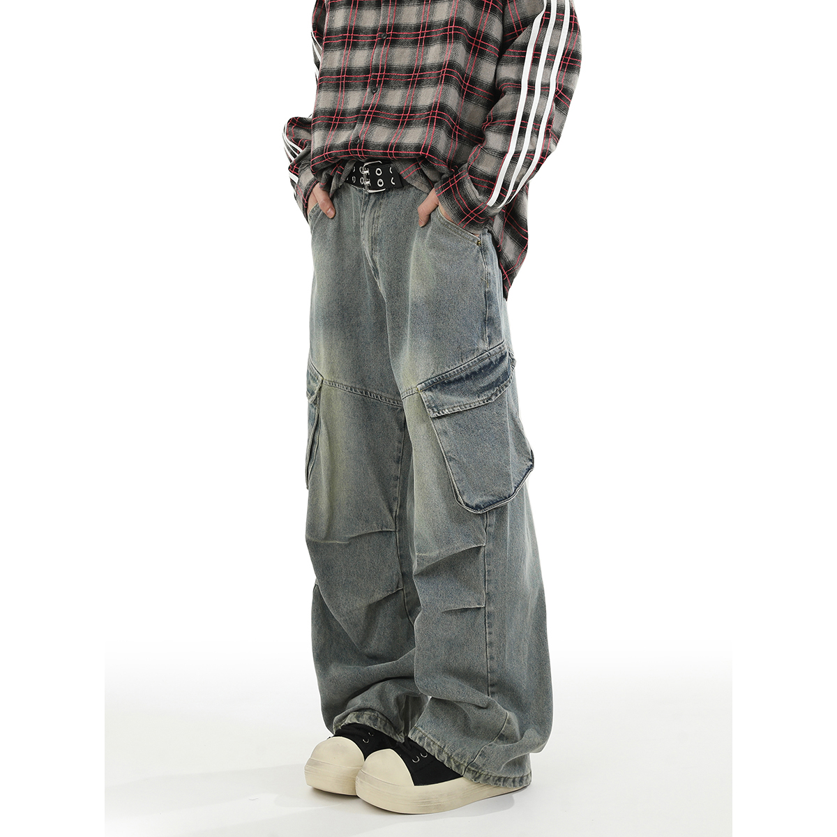 YorkZoom秋季美式工装大口袋牛仔裤长裤百搭复古宽松水洗做旧