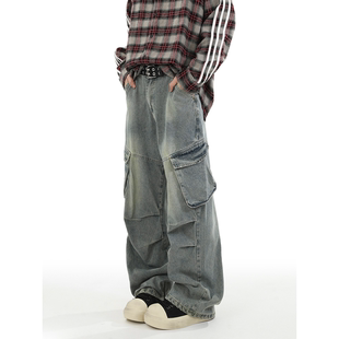 长裤 YorkZoom秋季 大口袋牛仔裤 工装 百搭复古宽松水洗做旧 美式