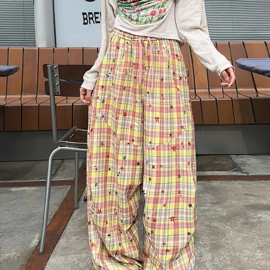 休闲裤女夏季新款星星条纹格子裤