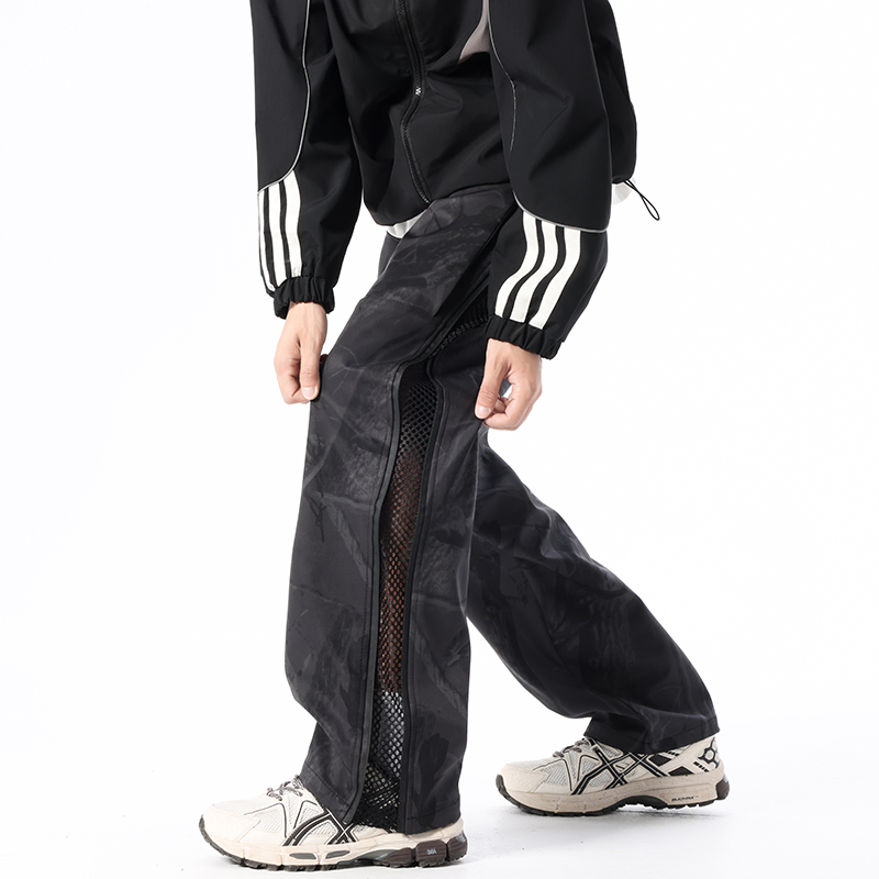 美式复古运动风侧拉链冲锋裤