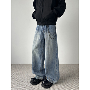 高街百搭潮流 男宽松阔腿长裤 YORKZOOM美式 复古水洗做旧牛仔裤
