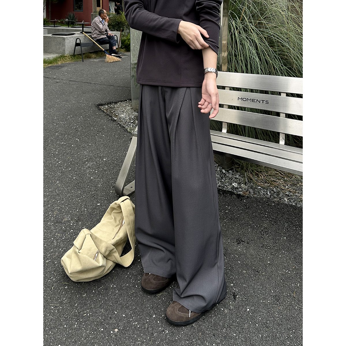 加绒褶皱西裤阔腿裤长裤休闲裤