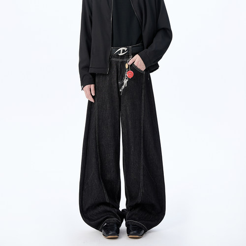 YORKZOOM黑色明线设计感牛仔裤