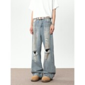 新款 水洗做旧破洞泼墨牛仔裤 长裤 YorkZoom夏季 美式 复古小众