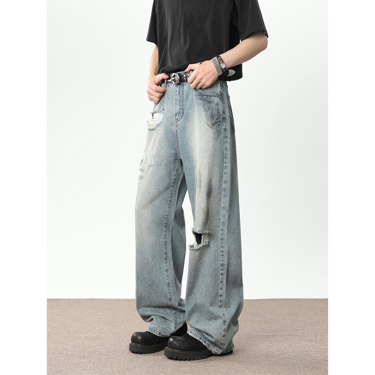 YorkZoom夏季新款破洞泼墨牛仔裤水洗做旧长裤美式休闲高街宽松