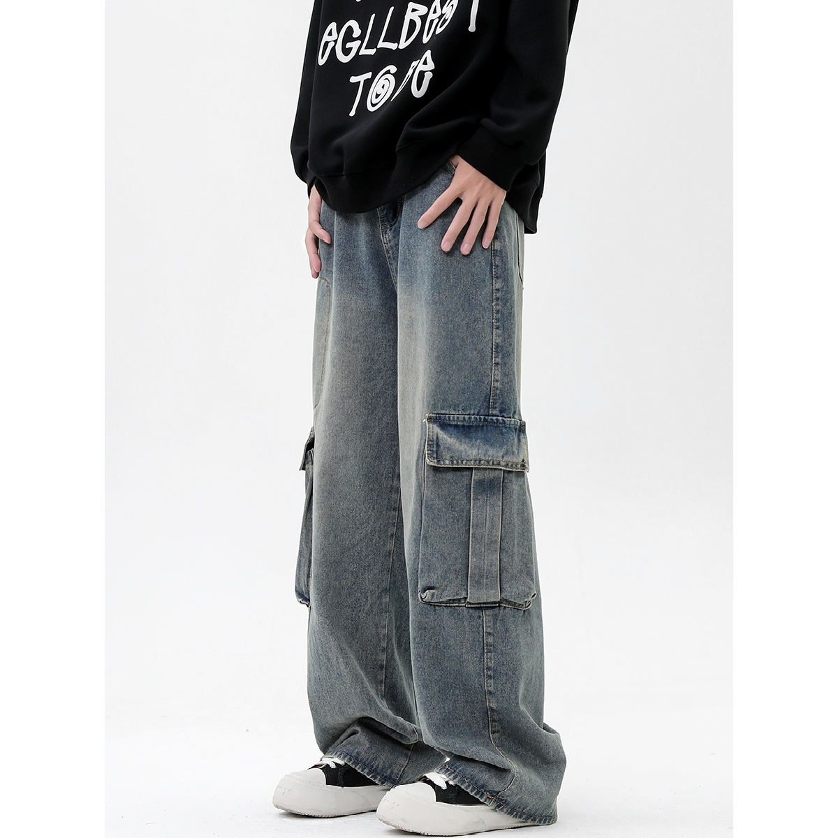 YorkZoom美式牛仔裤直筒休闲复古水洗做旧工装大口袋百搭高街宽松