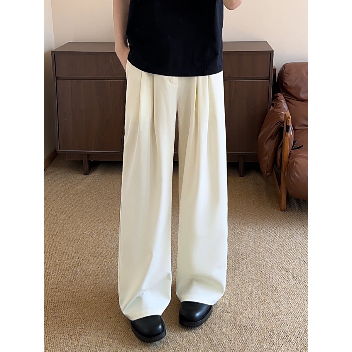 York Zoom夏季新款白色显瘦褶皱宽松阔腿垂感百搭休闲西裤长裤男