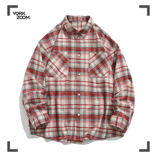 YorkZoom春秋新品 校园风休闲情侣复古潮流宽松日系 小格子衬衣衬衫