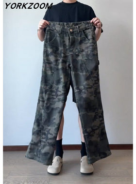 YORKZOOM美式复古迷彩工装裤男潮牌高街微喇长裤潮流裤子vibe痞帅