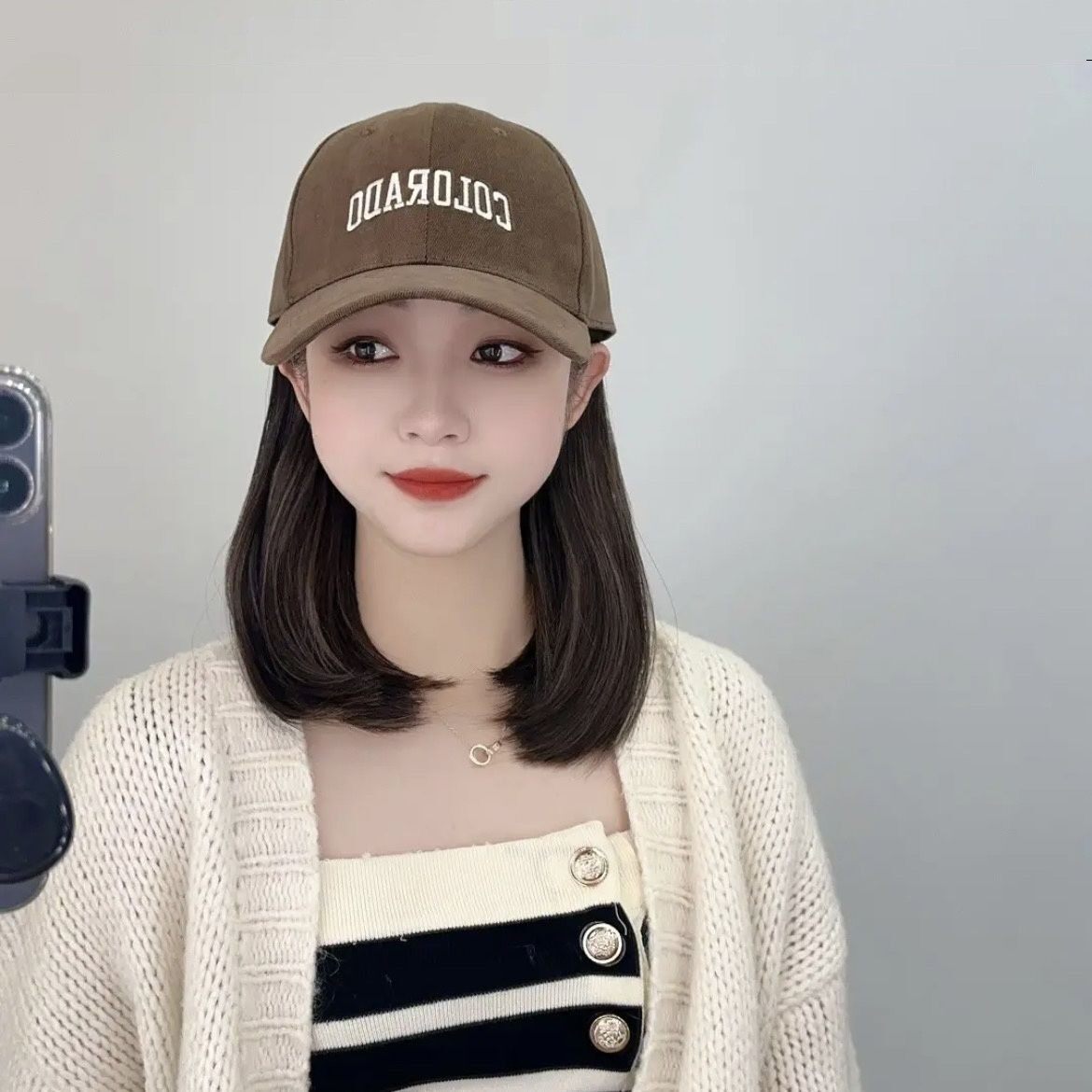 潮流时尚韩版假发帽子一体女款2025秋冬鸭舌棒球帽短款中长发春秋