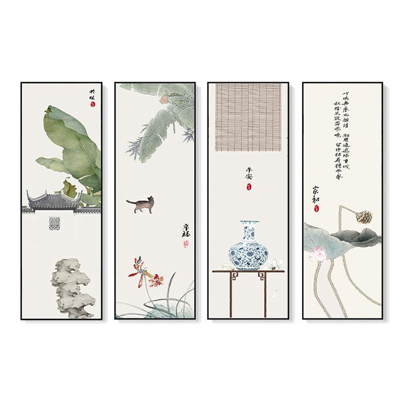 新中式装饰画客厅玄关走廊餐厅壁画茶室书房会客厅四联画禅意挂画