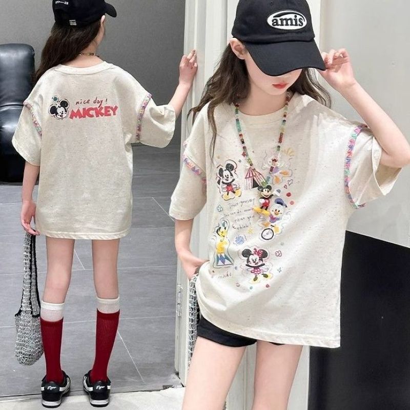 长款棉女童夏季短袖2025新款韩版洋气中大童卡通印花可爱宽松上衣