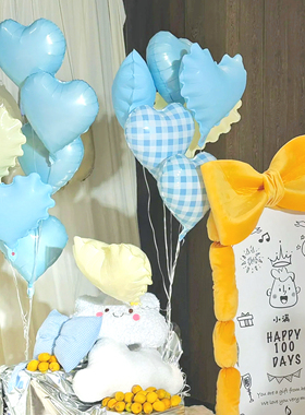 波浪心形蓝色ins风韩系格子爱心气球儿童生日派对装饰马卡龙