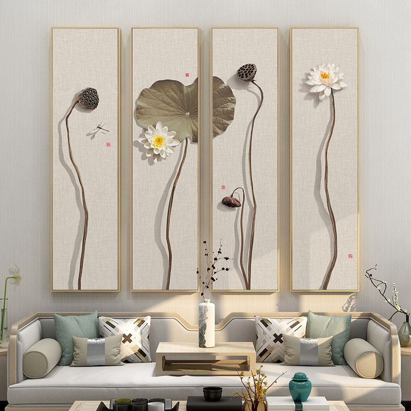 荷花装饰画新中式禅意茶室挂画客厅四条屏壁画枯荷叶莲蓬画墙画