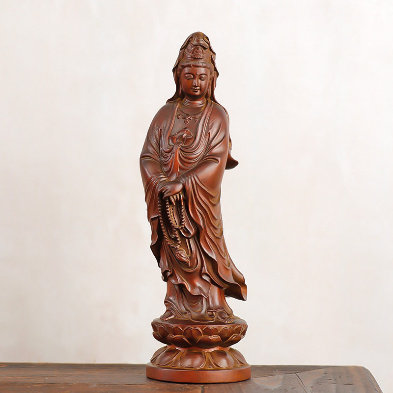 小叶黄杨木雕刻佛像摆件家居客厅木质仿古做旧拿珠观音菩萨
