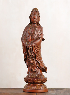 小叶黄杨木雕刻佛像摆件家居客厅木质仿古做旧拿珠观音菩萨
