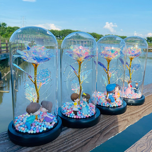 金箔玫瑰花玻璃罩led灯发光永生仿真花情人节礼物圣诞节创意摆件