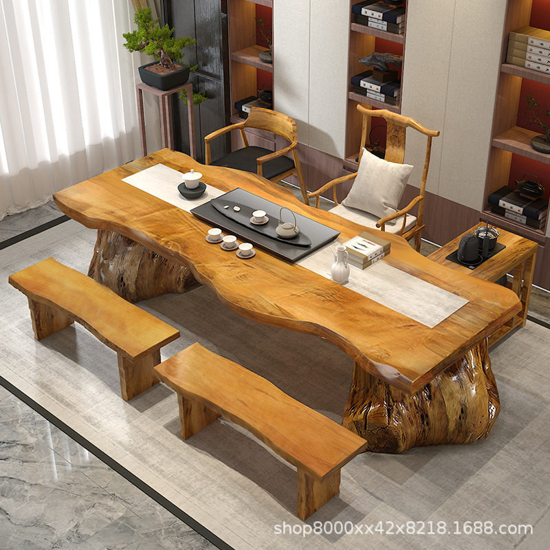 新中式实木茶桌禅意办公室接待泡茶桌仿古茶桌不规则会客实木