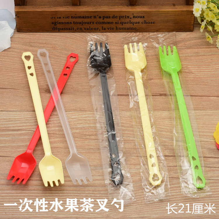 一次性叉子水果茶水果叉烧仙草四齿叉勺子加厚塑料加长奶茶搅拌