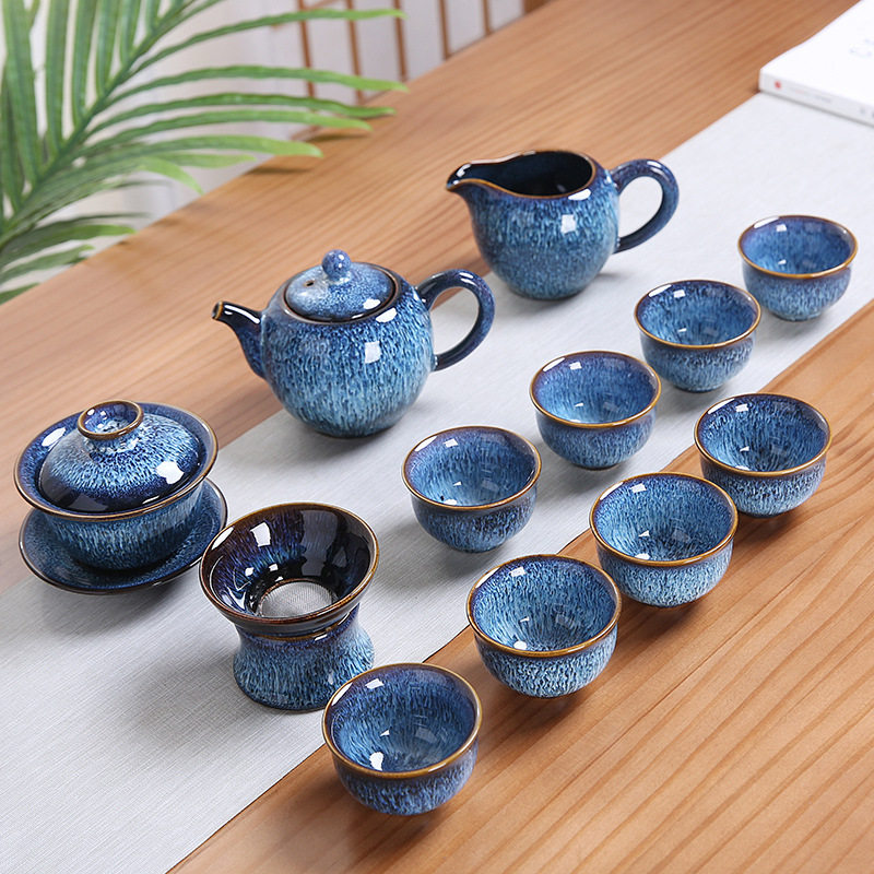 整套功夫陶瓷茶具套装家用简易茶杯茶壶窑变釉拉丝创意促销礼品