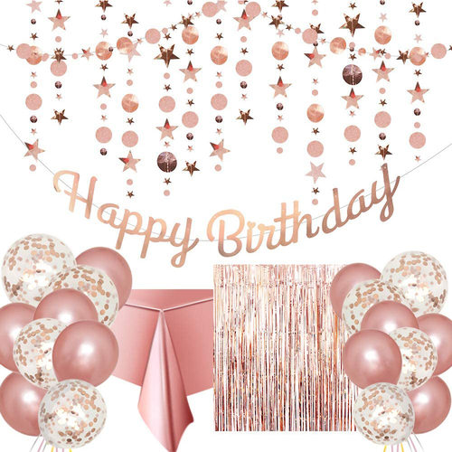商场玫瑰金色happy birthday生日气球套装拉旗横幅雨丝帘桌布拉花