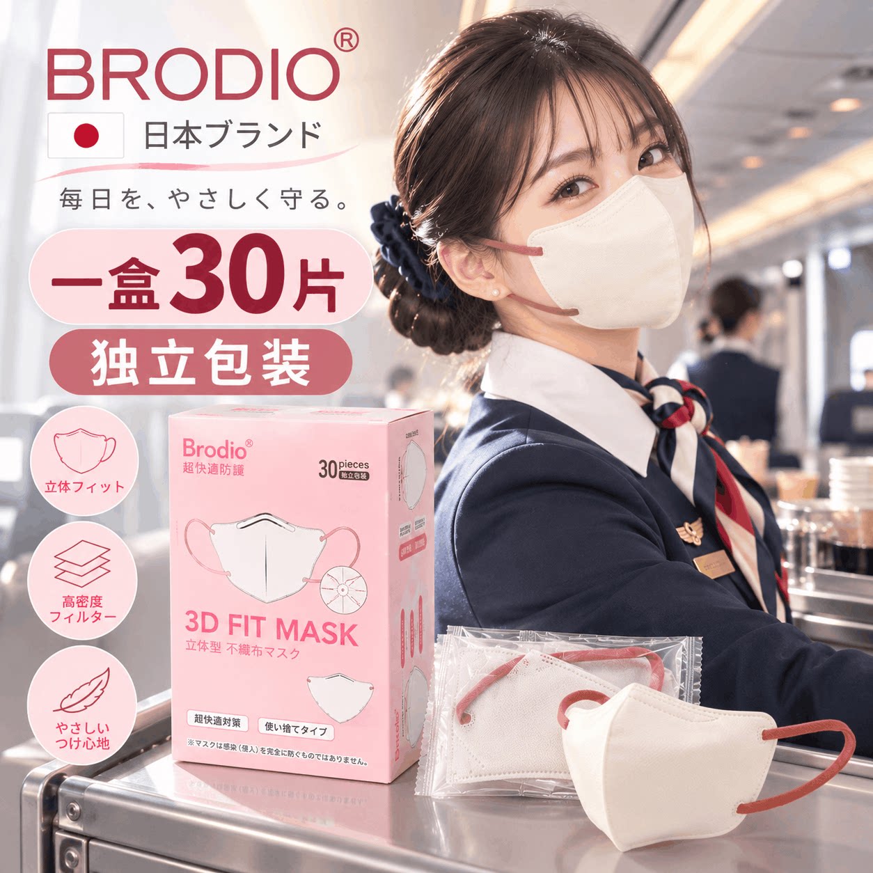 Brodio空姐同款口罩女款米白卡其色显脸小一次性独立包装30片成人