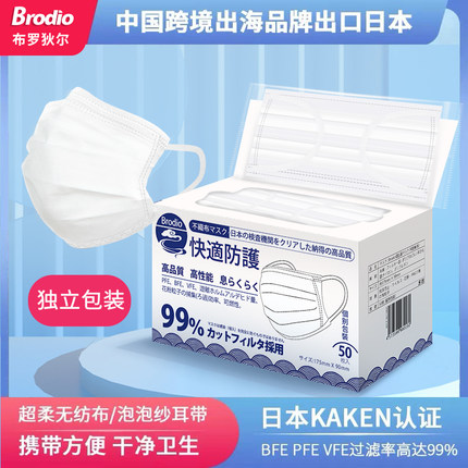 Brodio一次性防护成人大码口罩不勒耳独立包装白色防晒防尘0疼感