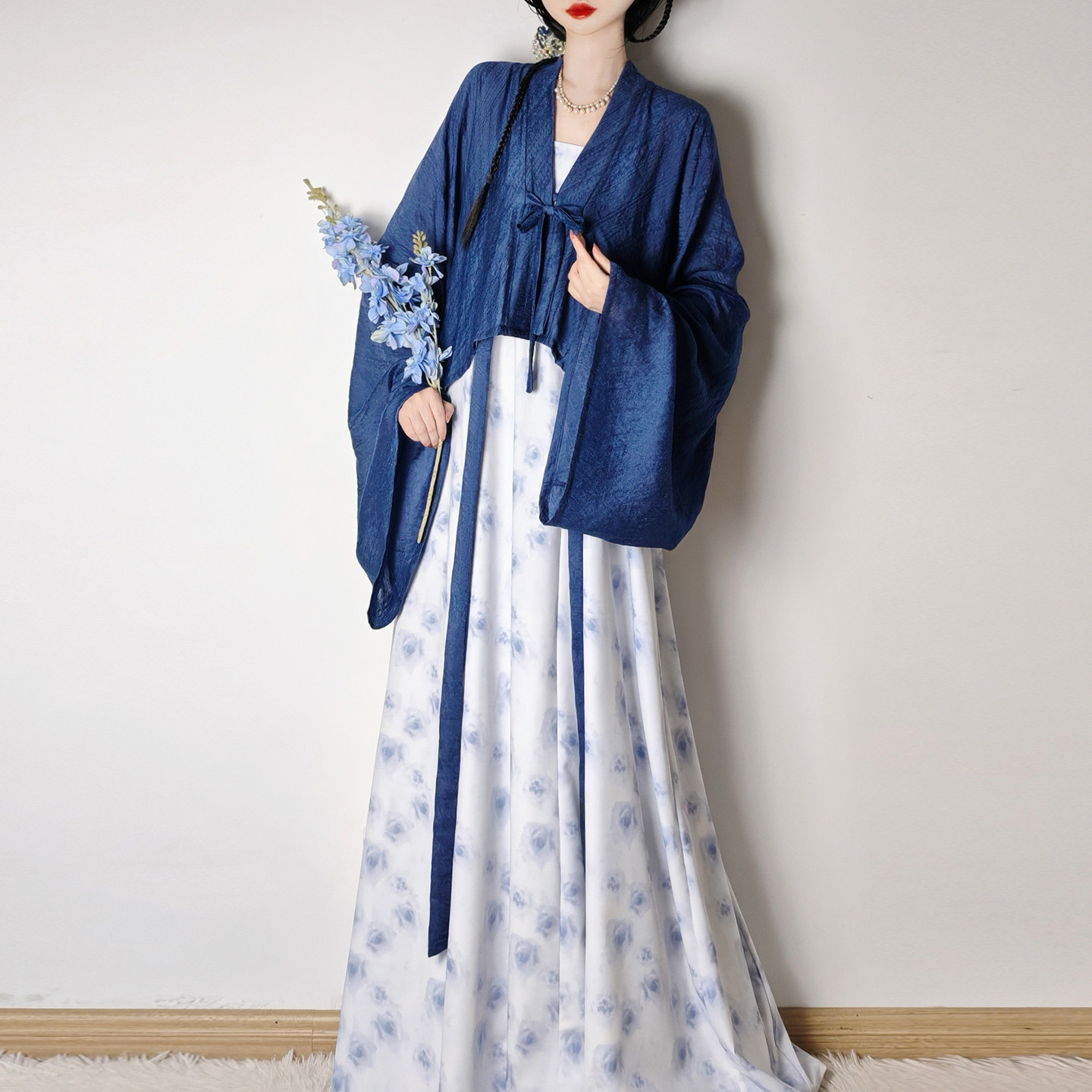 觅锦唐制齐胸襦裙新中式汉服女夏季蓝色水墨晕染长裙套装日常国风