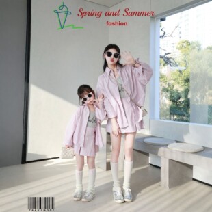 亲子春装母女装2026新款超火衬衫百褶裙套装女童甜美粉色衬衣防晒
