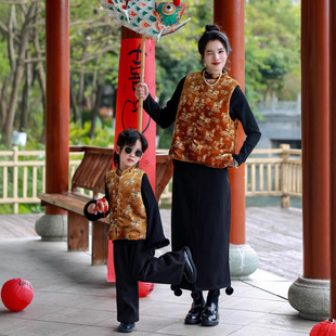 新中式亲子装母女款年服冬装儿童国风提花马甲兄妹服女童改良旗袍