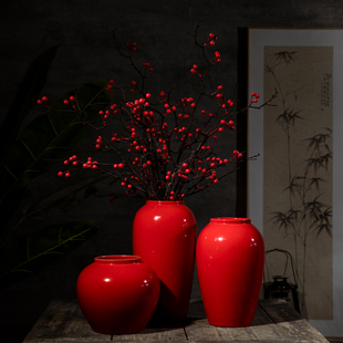 景德镇高档手工陶瓷红色花瓶新中式 饰卧室客厅酒柜桌面摆件 婚庆装